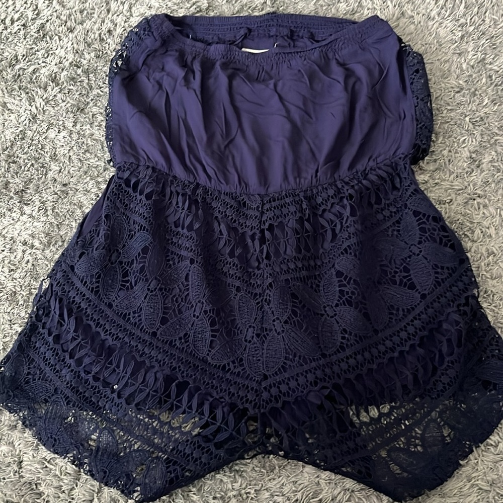Ladies Blue Lace Romper - Short Jumpsuit For Summer - Medium - Dark Blue Women’s